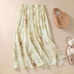 Skirts Elegant Fashionn Cotton Linen Ramie Skirt Elastic Waist Double Layer Long Women's Spring Summer Print