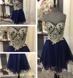 Navy Blue Homecoming Dresses Gold Lace Short Party Bridesmaid Dresses With Sweetheart Neck Lace Up Back Graduation Gown9943054