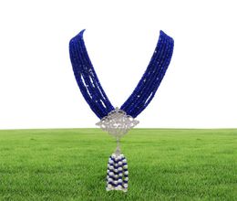 Hand knotted natural 2x4mm blue stone multilayer white freshwater pearl zircon micro inlay accessories tassel necklace long 4550c6632592