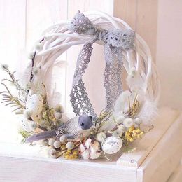 Decorative Flowers Wreaths 10-30cm White Rattan Wreath Ring DIY Easter Egg Decor Artificial Flower Garland Happy Easter Party Gifts Wedding Home Decoration