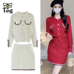 Work Dresses Tingfly Women Winter Autumn Fashion 2 Pieces Set Button Up Knitting Sweater Cardigans & Mini Short Skirts Dress Outfits Cute