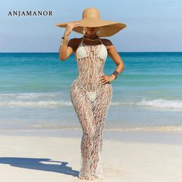 Casual Dresses ANJAMANOR Beach Cover Up Crochet Dress Bikinis Set 3 Pieces Swimsuit Sexy Summer Vacation Outfits Woman 2024 D48-DF30