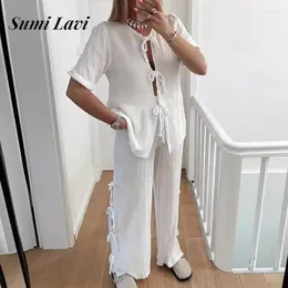 Women's Two Piece Pants Elegant V-neck Short Sleeve Top & Long Pant Outfits 2024 Women Sexy Tie-up Hollow Suit Summer Casaul Simple Loose