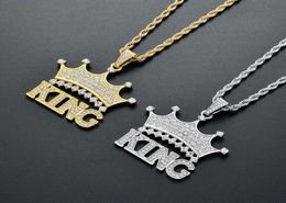 hip hop crown king diamonds pendant necklaces for men women luxury letters pendants alloy rhinestone chain necklace gold silver je9906045