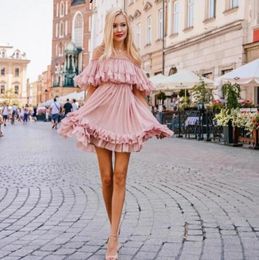 Sexy ruffle off shoulder women mini dress Spaghetti strap summer dresses Holiday beach female pink short sundress8202028