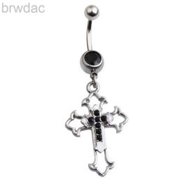 Navel Rings Hollow Cross Dangle Navel Ring 14G 316L Surgical Steel Belly Button Ring Clear Black CZ Punk Piercing Ombligo Oreja Body Jewelry d240509