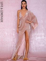 Casual Dresses 2024 Sexy Rose Gold V-Neck Single Sleeve Sequins Split Party Maxi Dress