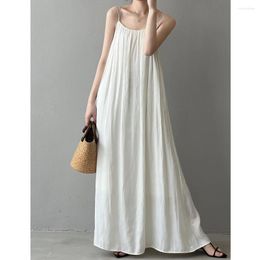 Casual Dresses 2024 Women Summer Boho Vintage Spaghetti Strap Long Dress O-Neck Loose Style Fashion Pleated White Maxi Clothes