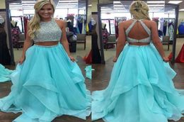 Ice Blue Ruffles Long Two Piece Prom Dresses Sexy Beaded Graduation Party Dresses Open Back Evening Formal Gowns for Teen Girls2711716