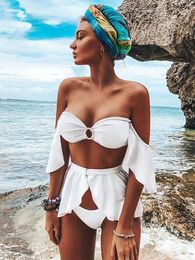 Women's Swimwear Fitshinling Summer Beach Womens Swimsuits Ruffles Sexy Hot Women Bikini Sets Swimwear Bohemian 2 Pieces Bathing Suits T240508