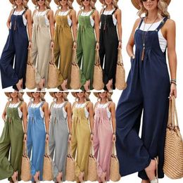 M71D Women's Jumpsuits Rompers Summer Trend lti-color Retro Casual Cotton Suspender Long Pant Pockets Button Wide Leg Strap Jumpsuit Loose Rompers Overalls d240507