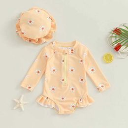 Einszene Baby Badeanzug mit Hut Langarm für Kinder gedrucktes Reißverschluss Bikini Old Badeanzug Kinderbadeanzug H240508