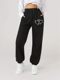 Women's Pants 2024 Summer Black Sports Street Fashion Trend Love Pattern Printed Personalized Drawstring