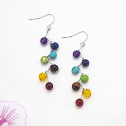 Hot selling natural stone colored stone stainless steel earrings 6mm amethyst tiger stone agate blue gold curved needle earrings