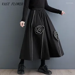 Skirts Black Cotton Plus Size Vintage Floral High Waist Spring Summer Autumn Casual Loose Long For Woman Womens 2024 Skirt