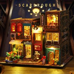 Miniatures NEW Retro DIY Wooden Scarbrough Hotel Doll House Miniature Kits With Furniture LED Lights Home Decoration Adult Handmade Gifts