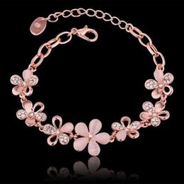 Wedding Bracelets Charming 18K Rose Gold Plated Women Pink Cats Eye Opal Flower Chain Bracelet Gift For Women Girl
