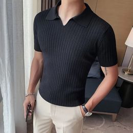 Korean Business Casual Summer Ice Silk Mens Short Sleeved Polo Shirt Lapel Solid Jacquard Stripe Screw Thread Slim Thin Top 240508