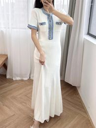 Casual Dresses Women Blue Or White Knit Dress Slim Fit Denim Splice Short Sleeve Fashion O-neck Buttons 2024 Spring Female Midi Robe