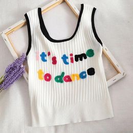 Women's Tanks Zik Women Tank Tops Plain Letters Embriodred Cute Round Neck Sweet Candy Knitted For 2024 Summer