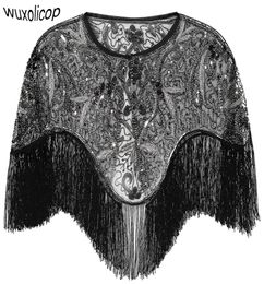 Women 1920s Flapper Embroidery Fringe Shawl Cover Up Gatsby Party Beaded Sequin Cape Vintage Mesh Scraf Wraps for Dresses4150629