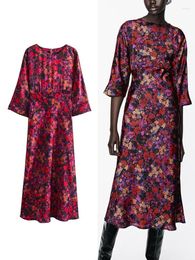 Casual Dresses TRAFZA Women's Floral Printed Party Dress Long Vintage Waisted Sleeve Pleated Maxi Satin Street