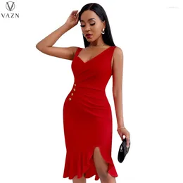 Casual Dresses VAZN 2024 Summer Women Fashion Street Girl Style Short Dress Sleeveless V Neck Pure Colour Knee Length