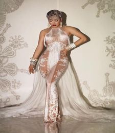 European Vintage White Fringe Printing Tail Long Dress Bar Nightclub Singer Host Performance Outfit Host Model Catwalk Tassel Dres1734775