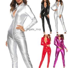 Women Solid Colour Zipper Faux Patent Leather Jumpsuit Bodysuit Tight Clubwear Great for party club outfits cosplay