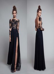 2017 Sheer Lace Long Sleeves Long Sexy Black Evening Dresses Bateau Backless A Line Chiffon Floor Length Side Split Prom Celebrity9088596