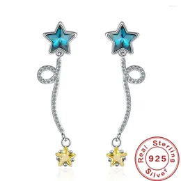 Stud Earrings Shiny Crystal Blue Yellow For Women Personality 925 Sterling Silver Engagement Jewellery Charm Cute Long Earring