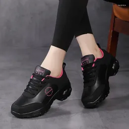 Casual Shoes Women Black High Platform Sports Sneakers Woman Thick Sole Leather Soft Air Cushioning Damping Non Slip Ladies Train