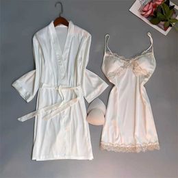 Women's Robe Robe Set Casual Satin Nightgown Women Sleepwear 2PCS Nightwear Kimono Gown New Intimate Lingerie With Lace Loungewear