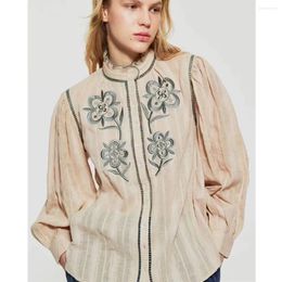 Women's Blouses Maxdutti 2024 Spring Shirt Women Vintage Blouse Bohemian Style Embroidery Puff Sleeve Loose Cotton Casual Tops