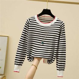 Women's Knits Tees Knitted sweater womens O-neck loose long sleeved thin soft pull-out top womens stripes basic casual matching knitted womensL2405