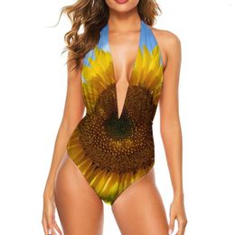 Women's Swimwear Yellow Flower Swimsuit Women Big Sunflower Print Push Up Modern Monokini Sexy Backless Pattern Swimsuits