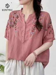 Women's Blouses Spring Cotton Linen Embroidery Shirt Women V Neck Half Sleeve Gentle Tops Girl Loose Commute 2024 Autumn T446128QC