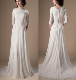 Ivory Champagne Modest Wedding Dresses With 34 Sleeves Beaded Lace Aline Chiffon Boho Informal Bridal Gown LDS Religious Wedding2415683