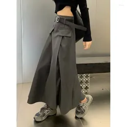 Skirts American Grey Pleated Skirt Female Spring And Summer High-Grade Suit Y2K Retro High Waist Slim Long A-Word