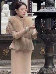 Work Dresses Chinese Style Woolen Skirt Suit Women's 2024 Autumn Winter Fashion 2-piece Set Big Faux Fur Removable Jacket Top Midi