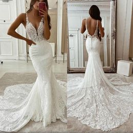 Gorgeous Lace Mermaid Wedding Dresses 2024 Sweep Train Spaghetti Straps Custom Made Plunging V Neck Beach Wedding Gown Vestidos de novia