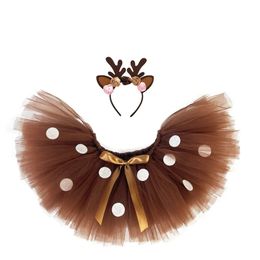 Baby Girls Brown Deer Tutu Skirt Christmas Costume Kids Reindeer Tulle Skirt with White Dots Children Halloween Birthday Outfit 240508