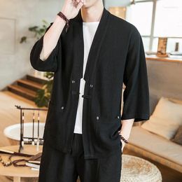 Men's Casual Shirts Kimono Mens Shirt Japanese Samurai Retro Solid Colour Cardigan Chinese Style Cotton Linen Yukata Haori Loose Men Coat