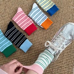 Women Socks Mid Length Girls Folding Dopamine Candy Colour Cotton Sock Spring Summer Couple's Contrast Striped Mid-tube Pile Up