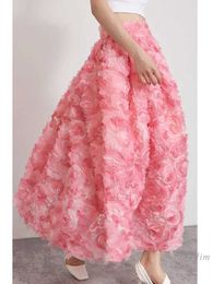 Skirts Pink Rose 3D Flower Gauze Skiing Women 2024 Spring/Summer New Romantic French Style Bubble Skiing HolidayL2405