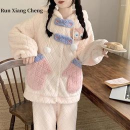 Women's Sleepwear Runxiangcheng 2024 Winter Long Hair Cartoon Thickened Hooded Coral Plush Cute Sweet Pocket Pajamas Free Of