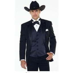 JakcetPantsVest Notch Lapel Western Cowboy Style mens suit black Groom Wear Tuxedos Man Wedding Suits For men YM3906997