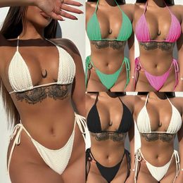 Women's Swimwear 2023 Drawstring Trendy Printing Swimsuit Female Swimwear Women Bikini Set Bather Swimming Beachwear for Bathing Suit T240508