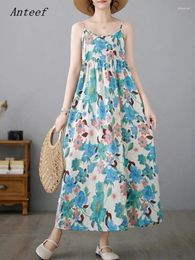 Casual Dresses Anteef Sleeveless Strap Cotton Vintage Floral In For Women Loose Long Summer Dress Elegant Clothing 2024
