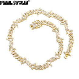 Chains Hip Hop 9MM Rock Thorns Cuban Link Chain Bling Iced Out AAA+ CZ Box Buckle Necklace Bracelet For Men Women Jewelry Fashion Gift d240509